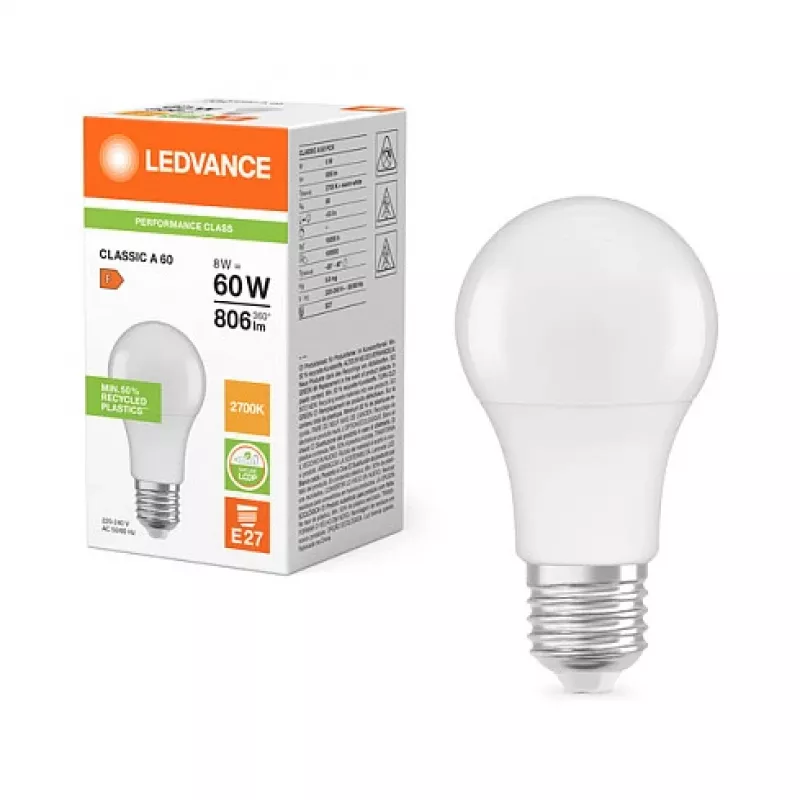 Ledvance LEDV LED lemputė 8,5-60W/827 806lm E27 matinė 200° 15000hEEK F