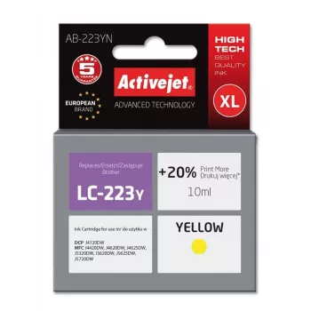 Rašalo kasetė ActiveJet AB-223YN geltona, suderinama su Brother, dažų pagrindu 10 ml, didelio (XL) našumo, vienos pakuotės