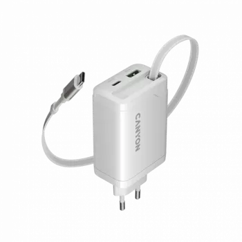 CANYON pakrovėjas OnCharge 65RC su įmontuotu USB-C kabeliu 65W, 1x PD, 1x QC, EU kištukas, Baltas