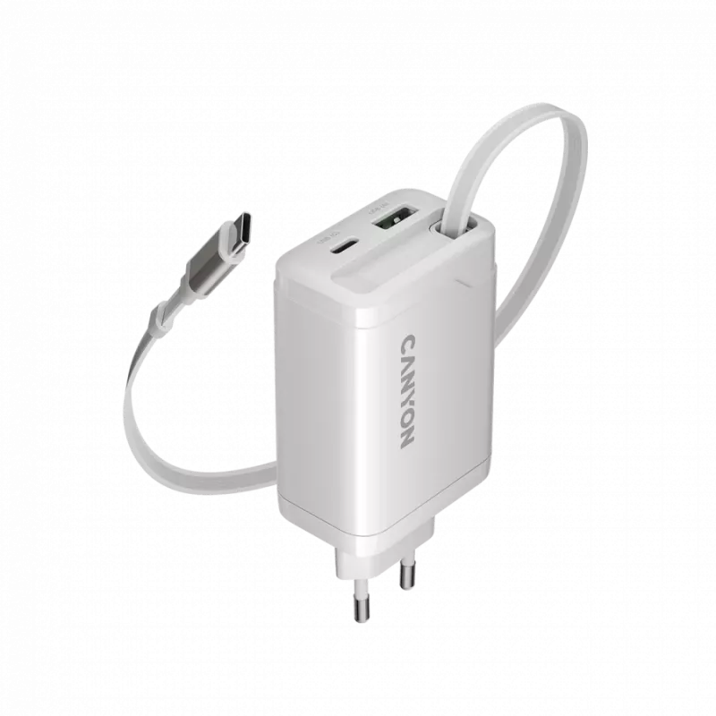CANYON pakrovėjas OnCharge 65RC su įmontuotu USB-C kabeliu 65W, 1x PD, 1x QC, EU kištukas, Baltas