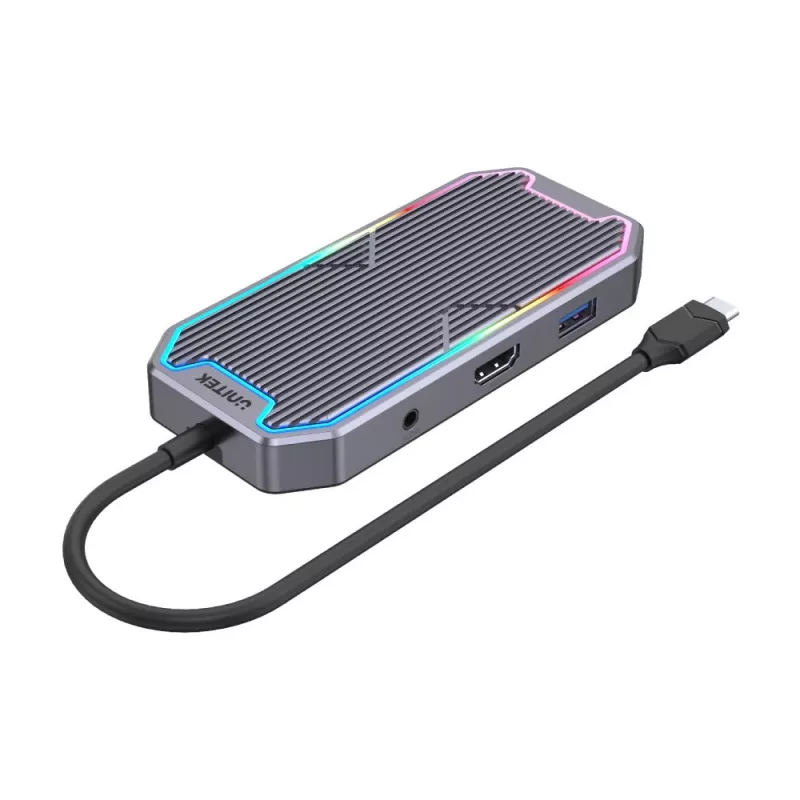 USB šakotuvas Unitek uHUB S7+ — laidinis USB 3.2 Gen 2 Type-C, 100 W PD, Gigabit Ethernet, 4K palaikymas, Space Pilka