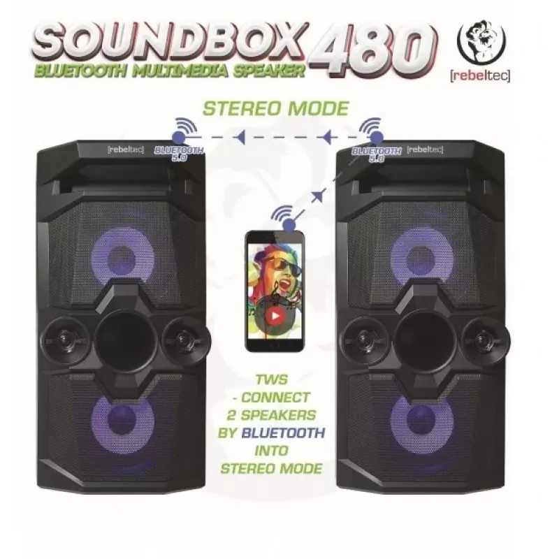 Rebeltec SoundBox 480 nešiojamas „Bluetooth“ stereo garsiakalbis juodas, 50W RMS