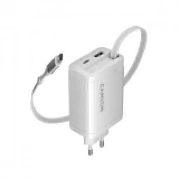 CANYON pakrovėjas OnCharge 65RC su įmontuotu USB-C kabeliu 65W, 1x PD, 1x QC, EU kištukas, Baltas