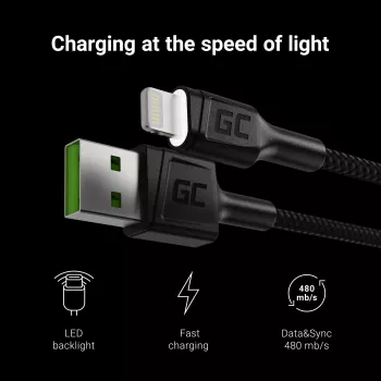 Green Cell KABGC05 lightning laidas 1,2 m juodas