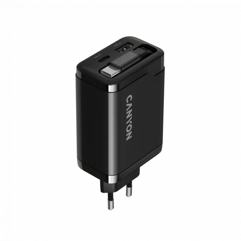 Įkroviklis CANYON OnCharge 65RC su integruotu USB-C laidu, 65W, 1x PD, 1x QC, ES kištukas, juodas
