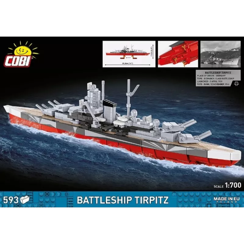 Konstruktorius Cobi Battleship Tirpitz modelis su 593 dalimis, mastelis ir demonstravimo ypatybės