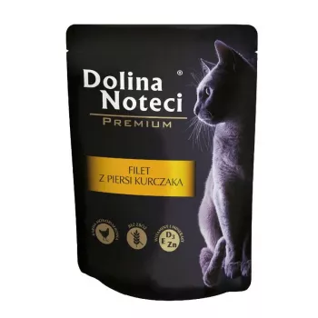 Šlapias kačių ėdalas dolina noteci Premium vištienos krūtinėlės filė 85 g maišelis — suaugusioms katėms, visaverčiai pašarai, 81% drėgmės