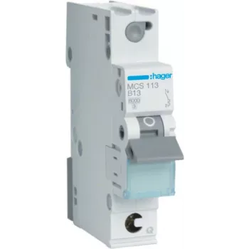 Hager MCS113. Vardinė srovė: 13 A, Kintamosios srovės įėjimo dažnis: 50/60 Hz. Tipas: C-tipo, Modulių skaičius (maks.): 1 modulis(-iai). Plotis: 17,5 mm, Gylis: 70 mm, Aukštis: 83,4 mm (MCS113)