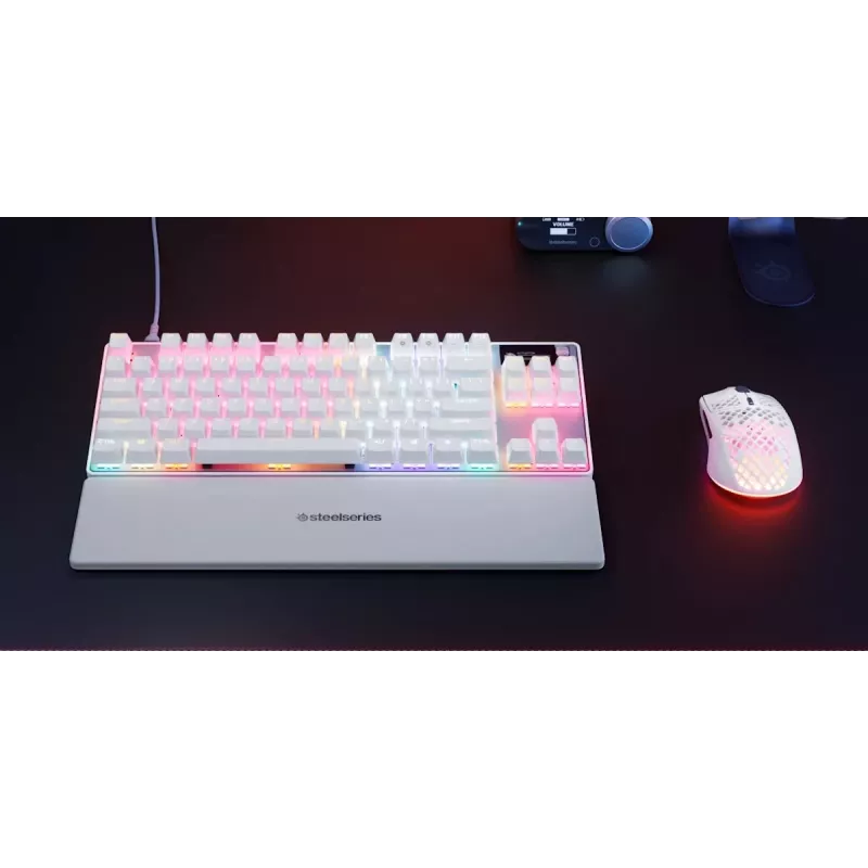 Mechaninė TKL žaidimų klaviatūra STEELSERIES Apex Pro TKL Gen 3 balta — JAV išdėstymas, RGB, reguliuojami jungikliai