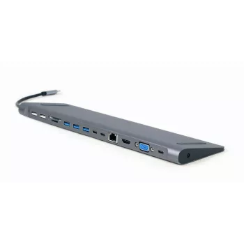 Gembird A-CM-COMBO9-01 USB Type-C 9-in-1 kelių prievadų adapteris (USB šakotuvas + HDMI + VGA + PD + kortelių skaitytuvas + LAN + 3,5 mm garsas), kosminė pilka