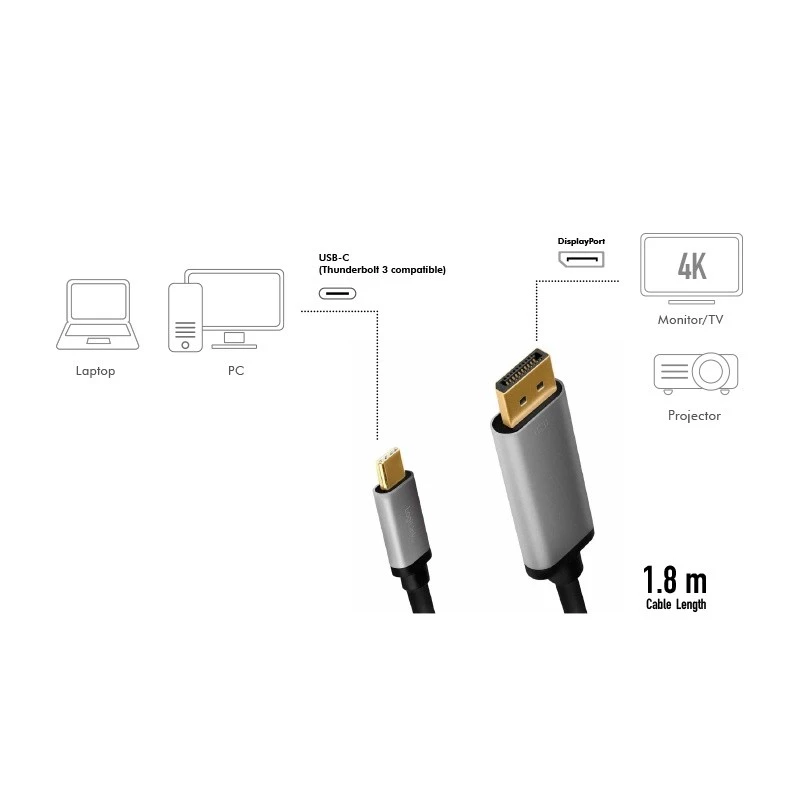 LogiLink CUA0100 kabelio jungties adapteris DisplayPort USB 3.2 Gen1 Type-C 1,8 m juodas pilkas