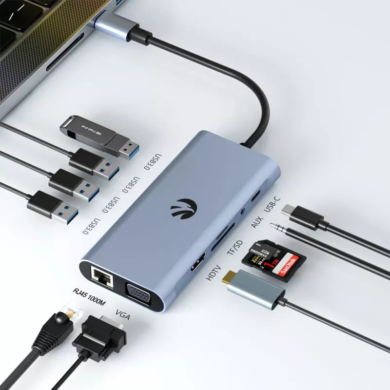 USB-C adapteris Hawk HW-HUB801 8-in-1 su HDMI ir Ethernet
