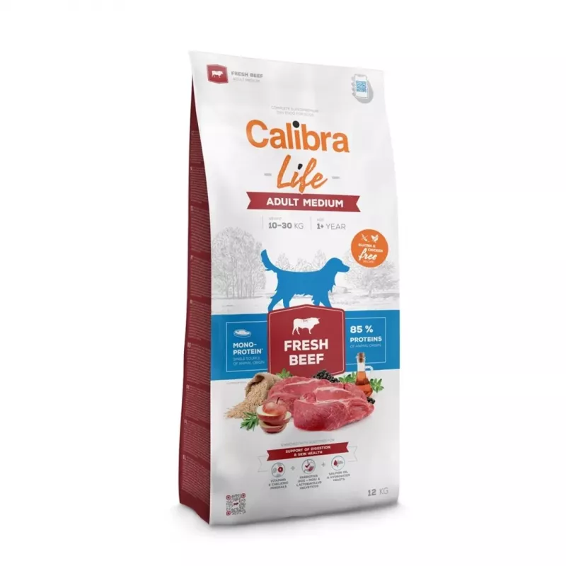 Sausas šunų ėdalas Calibra Life Adult Medium Fresh Beef 12 kg — pilnavertis sausas pašaras vidutinėms veislėms, 27% baltymų, 14% riebalų