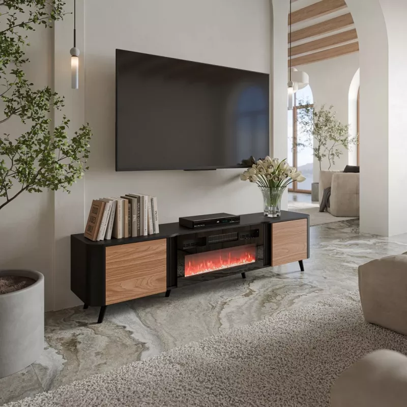 TV spintelė Cama Meble Volare 200 x 39 x 49 cm juoda/riešutmedžio su židiniu