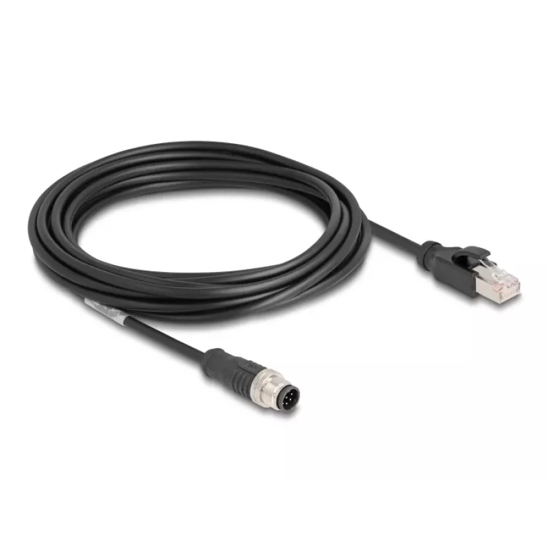 Tinklo kabelis DeLOCK M12 kabelis A koduotas 8 kontaktų kištukas į RJ45 kištuką Cat5e 5 m juodas