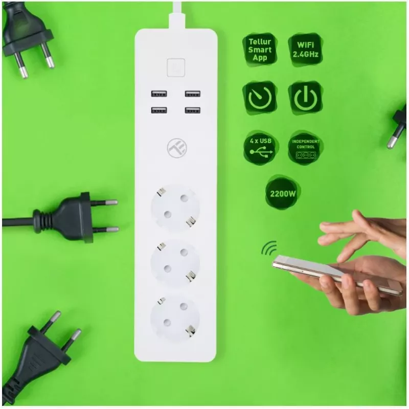 Maitinimo lizdų blokas Tellur — WiFi išmanusis maitinimo lizdų blokas su 3 AC lizdais ir 4 USB prievadais (4 A)