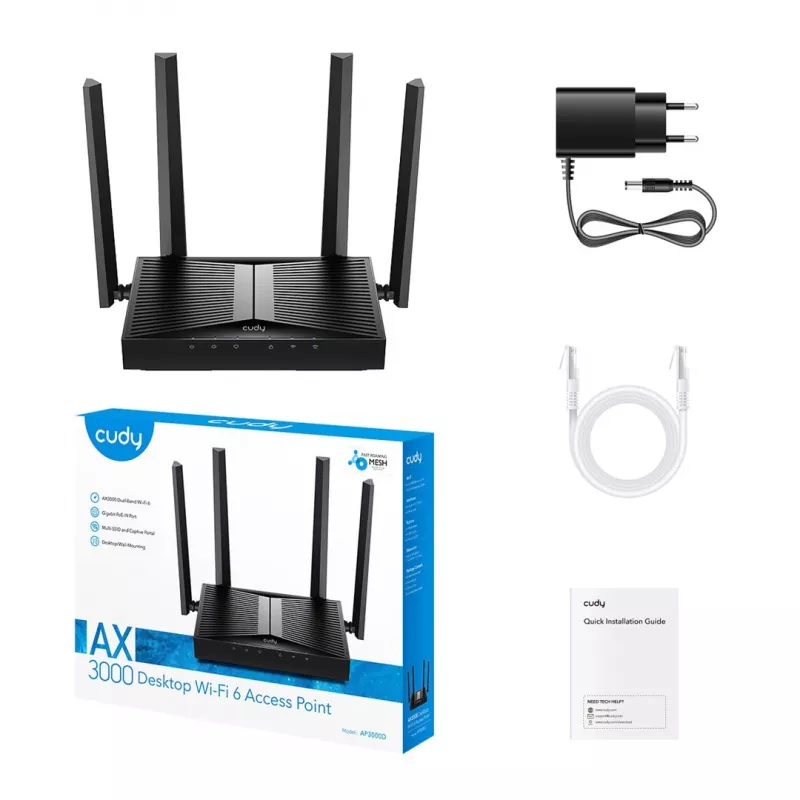 Belaidis prieigos taškas Cudy AP3000D dviejų dažnių 2,4/5 GHz, 2402 Mbps (5 GHz), 574 Mbps (2,4 GHz), 4 išorinės antenos, 1x LAN