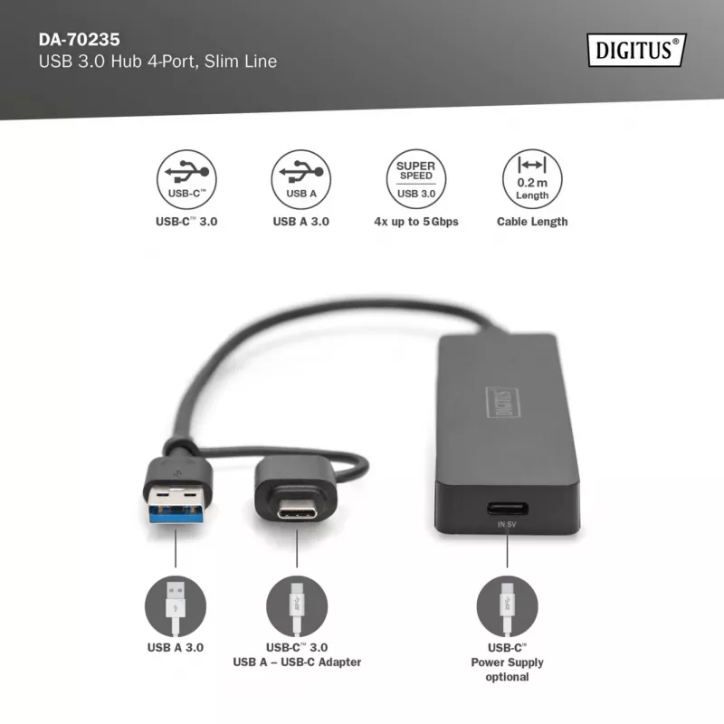 USB Hub, Digitus, DA-70235, 4 prievadų, USB 3.2 Gen 1, A tipo ir C tipo, 12000 Mbit/s