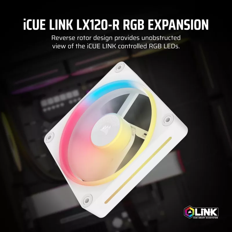 CORSAIR iCUE LINK LX120-R RGB 120 mm ARGB reversinio menčių korpuso ventiliatorius – baltas