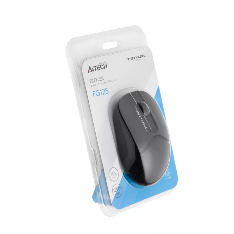 Belaidė optinė pelė A4Tech FM12S Juoda — 1200 DPI, RF nano imtuvas, 3 mygtukai, AA baterija