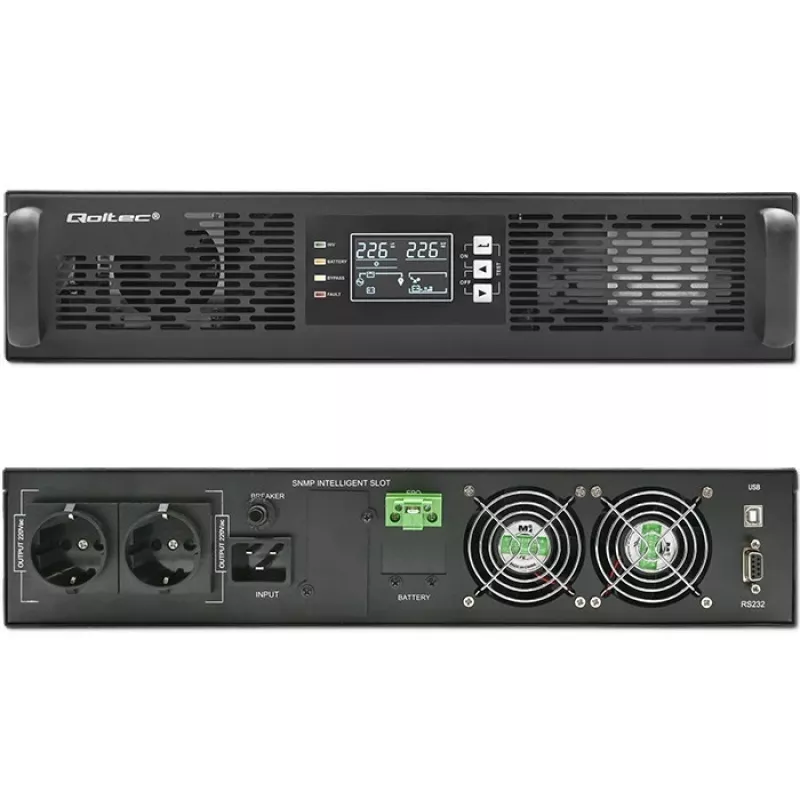 Qoltec maitinimo adapteris AVARINIS STELAŽUI 3KVA 3000W galios koeficientas 1.0 LCD EPO USB on-LINE (3VA, 3000W, dvigubo keitimo online UPS), UPS