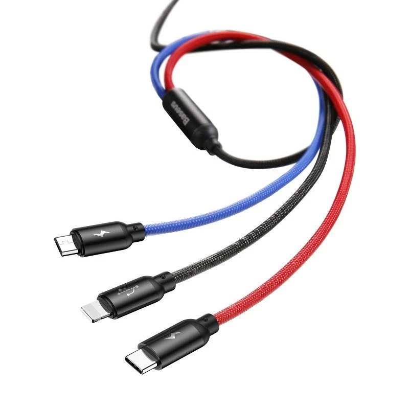 BASEUS Colorfone CAMLT-BSY01 USB kabelis 1,2 m USB A 3 x USB C Juoda, Raudona, Mėlyna
