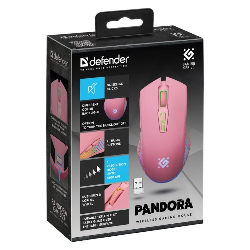 Belaidė žaidimų pelė DEFENDER P ANDORA PINK sąsaja