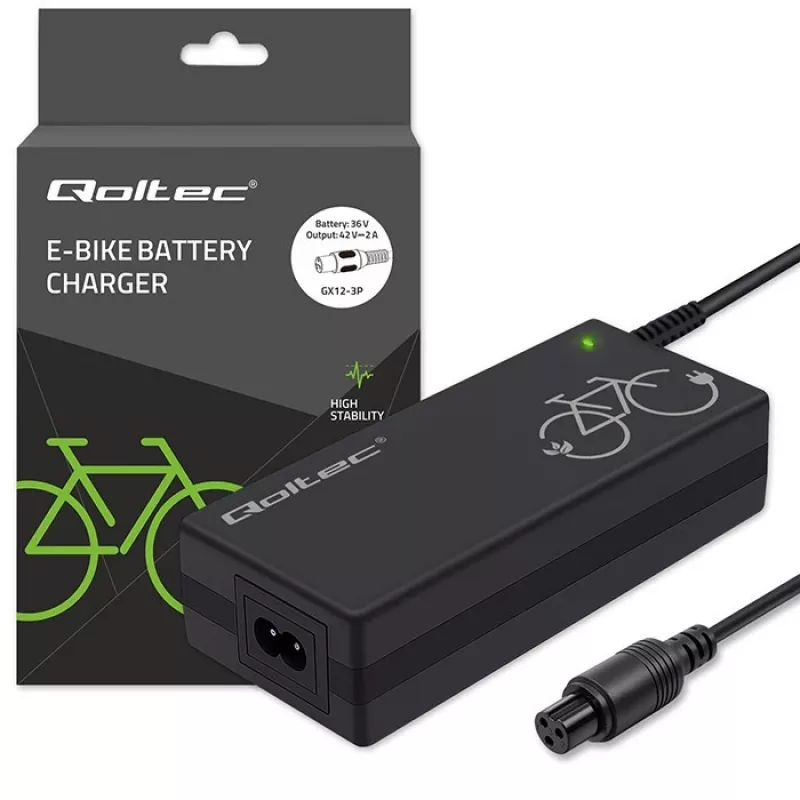 E-dviračio įkroviklis QOLTEC 36V–42V 2A su GX12 3 kontaktų jungtimi