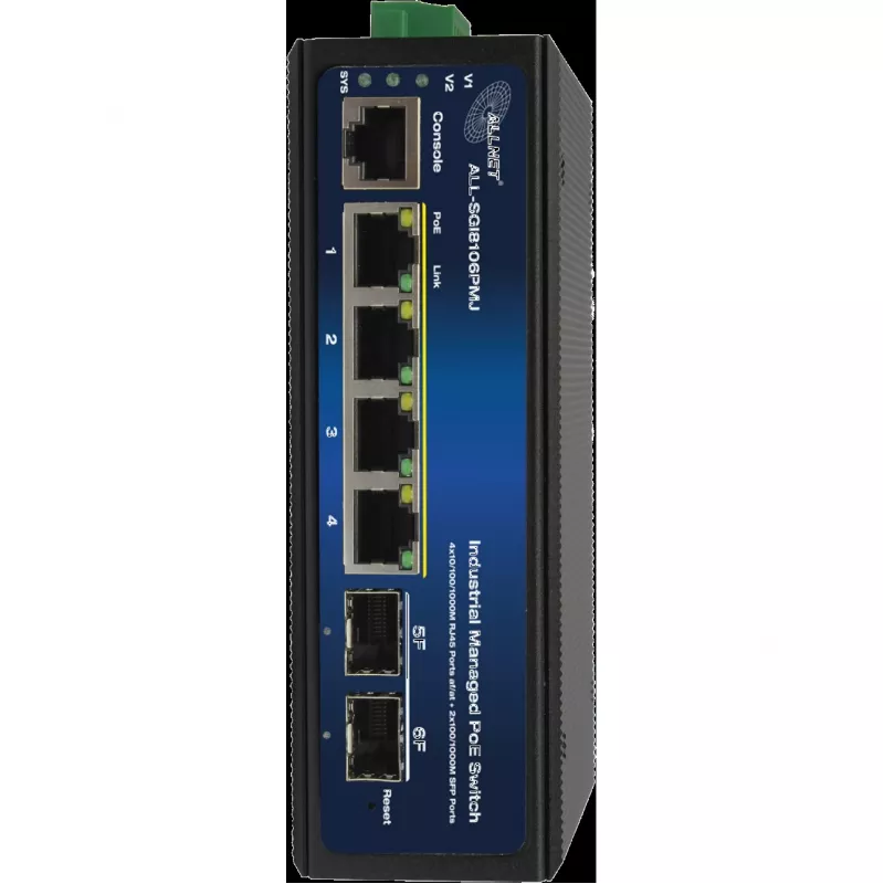 Pramoninis PoE komutatorius ALLNET ALL-SGI8106PMJ-BT — 6 prievadų (4 PoE+), tvirtas metalinis korpusas