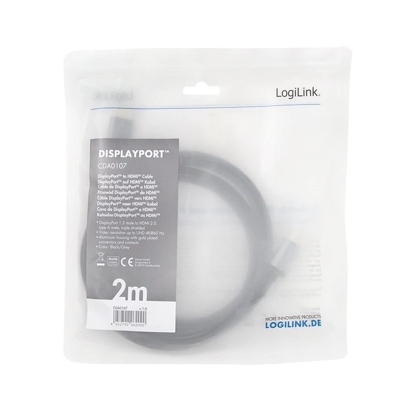 LogiLink CDA0107 vaizdo kabelio adapteris 2 m DisplayPort HDMI Pilka Juoda