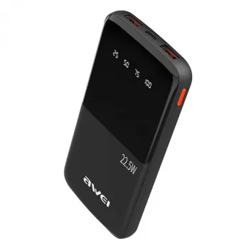 Awei PowerBank P10K 10000 MAh 22,5W Juoda/Juoda (10000mAh, 22W, 22.50Wh), išorinė baterija, juoda