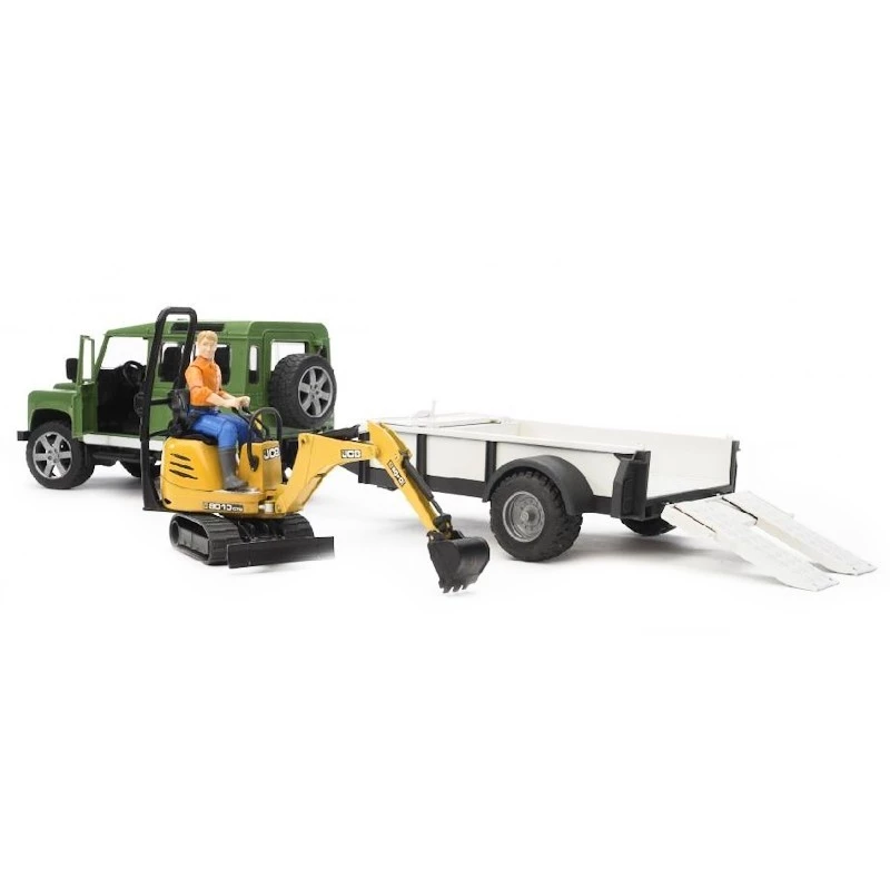 Žaislinė transporto priemonė BRUDER Land Rover Defender su priekaba CAT ir žmogumi
