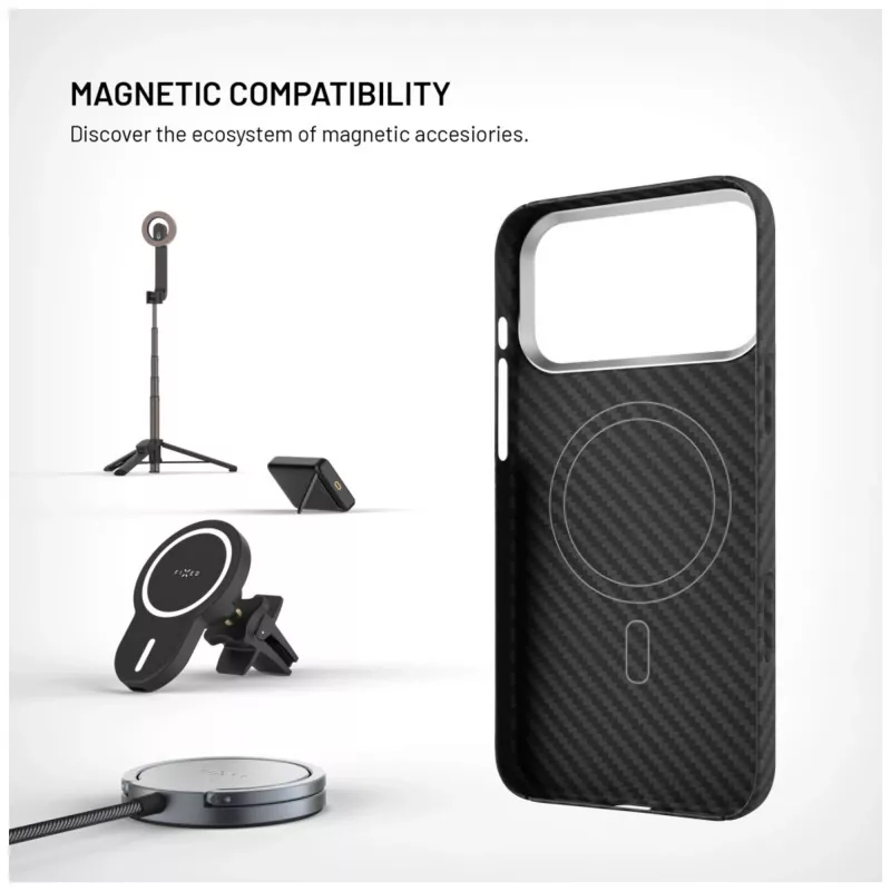Apsauginis galinis dangtelis FIXED, skirtas Apple iPhone 17 Pro Max — aramidiniai pluoštai, juodas