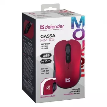 Belaidė RF tylioji pelė DEFENDER Gassa MM-105 — abiem rankoms tinkama, 1600 DPI, 2,4 GHz, nano USB imtuvas