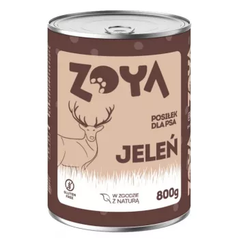 Šlapias šunų maistas ZOYA Deer 800 g skardinė — pilnavertis suaugusių šunų maistas su elniena, 11,4 % baltymų, 7,2 % riebalų, 75 % drėgmės