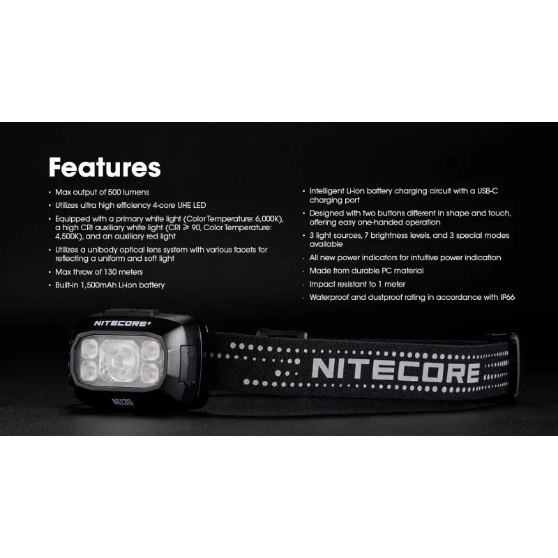 Galvos žibintas Nitecore NU30 — kompaktiškas nešiojamas LED žibintas, iki 500 liumenų, keli šviesos lygiai, raudonos šviesos režimas