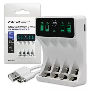 Baterijų įkroviklis QOLTEC 50848, skirtas NiMH AAA (R03) ir AA (R6) elementams, su LCD ekranu