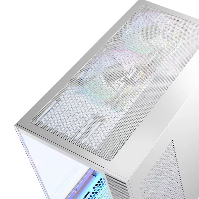 PC korpusas MODECOM Volcano Panorama Midi Tower baltas — micro ATX, grūdintas stiklas, ARGB, USB-C, palaiko GPU iki 400 mm