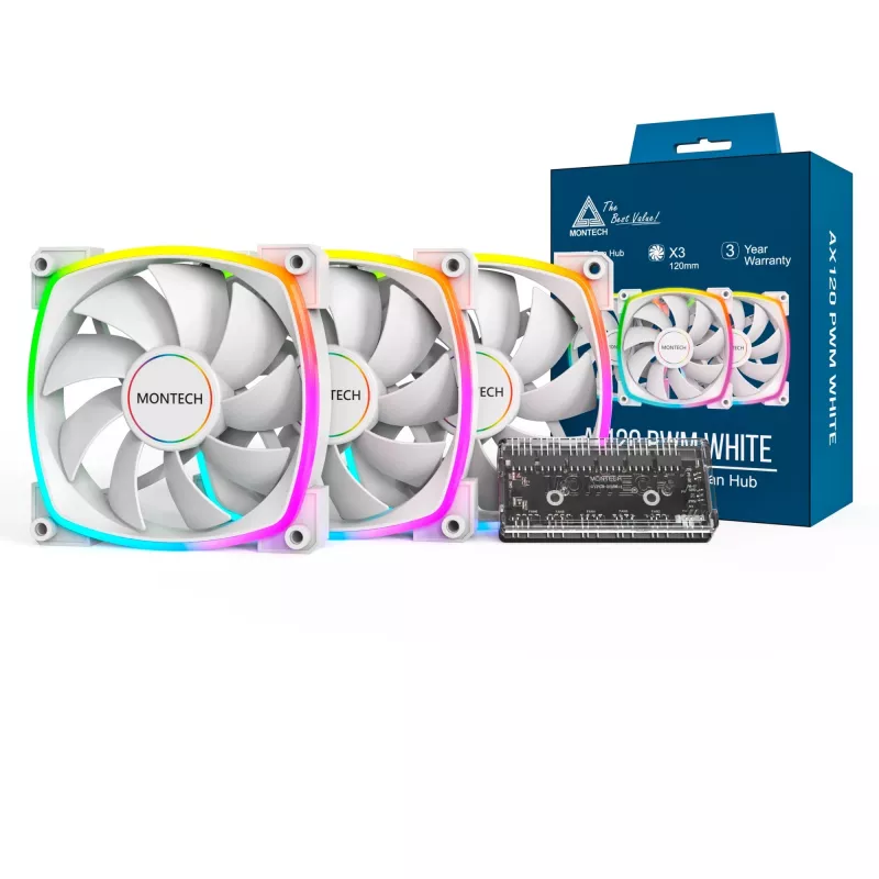 Montech AX120 120mm PWM ARGB korpuso ventiliatoriai, 3 vnt., balti