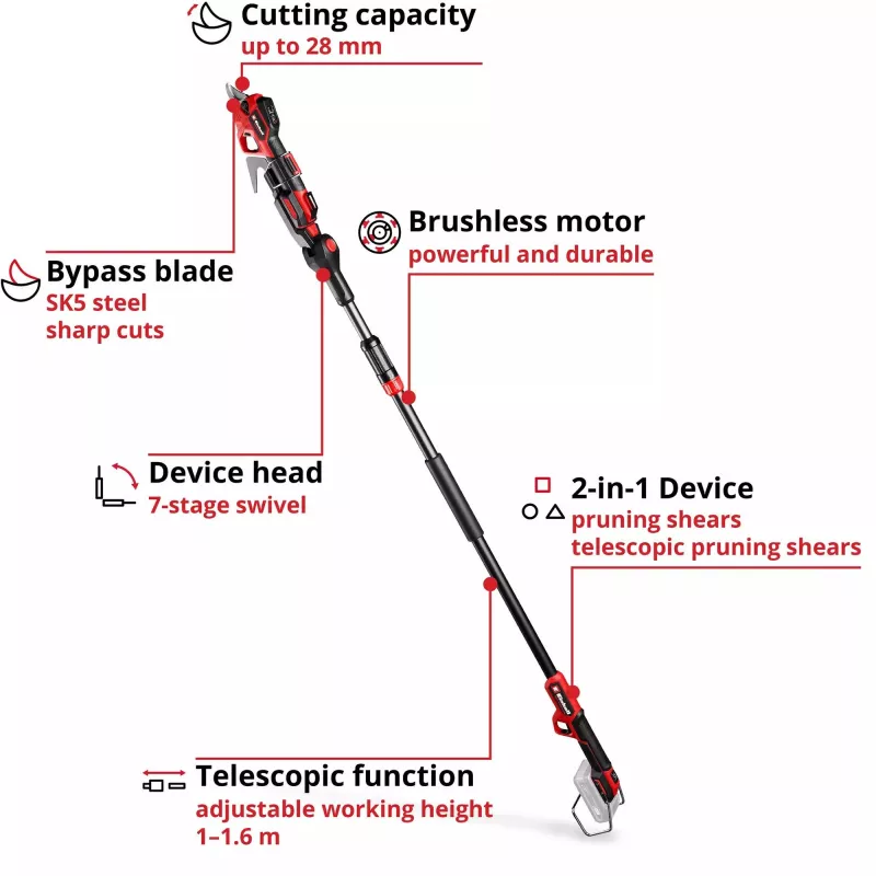 Genėjimo žirklės EINHELL GP-LS 18/28 Li T BL-Solo — belaidės teleskopinės apėjamosios genėjimo žirklės, 18 V, pjovimo geba 2,8 cm, aliuminio rankena