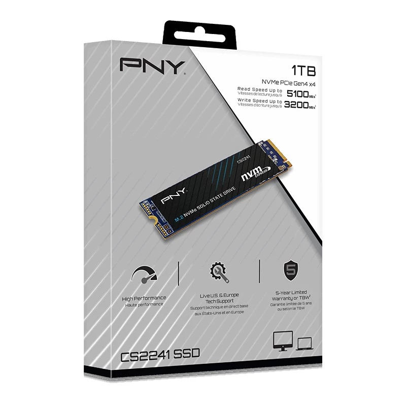 SSD PNY CS2241 M.2 NVMe PCIe 4.0 1TB — skaitymas 5100 MB/s, rašymas 3200 MB/s