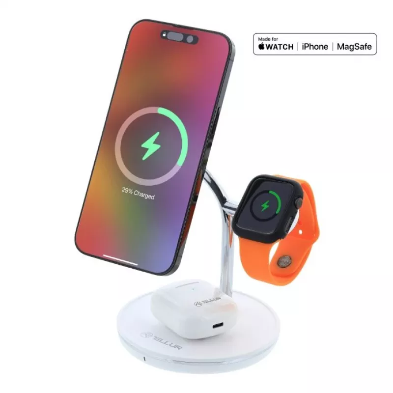 Belaidis stalinis įkroviklis Tellur TLL151391 3-in-1 MagSafe greitas įkrovimas telefonui, laikrodžiui ir ausinukams