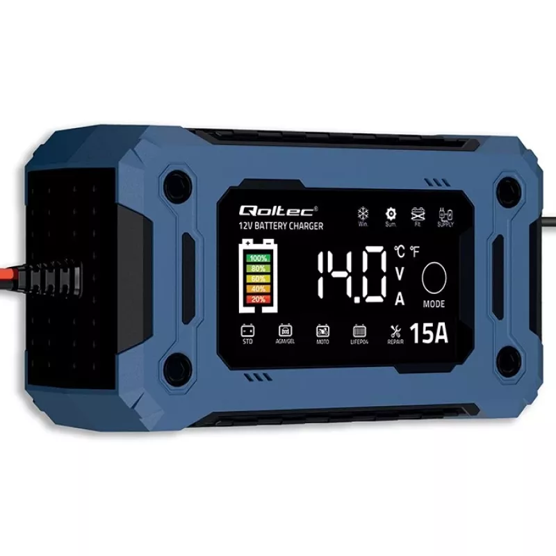 Išmanusis 12V 15A QOLTEC įkroviklis su mikroprocesoriumi ir LCD — AGM, GEL, SLA, EFB, LiFePO4 akumuliatoriams