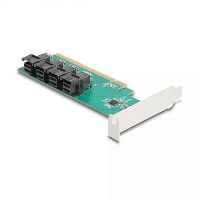 DELOCK PCIe x16 bifurkacijos plokštė su 4× vidiniais SFF-8643 NVMe prievadais, žemo profilio