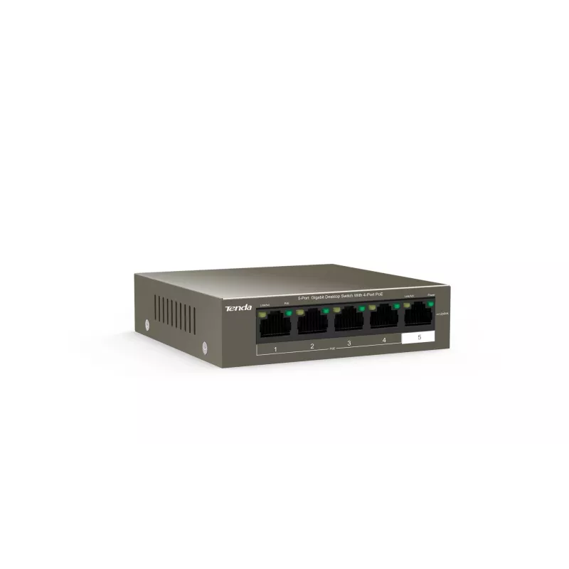 Tinklo komutatorius TENDA TEG1105P-4-63W-EU, 5x Gigabit RJ-45, 4x PoE (bendra galia 57,8 W), 10 Gbit/s perjungimas