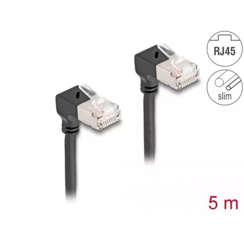 DeLOCK RJ45 tinklo kabelis Cat.6A S/FTP plonas 90° žemyn 5 m juodas