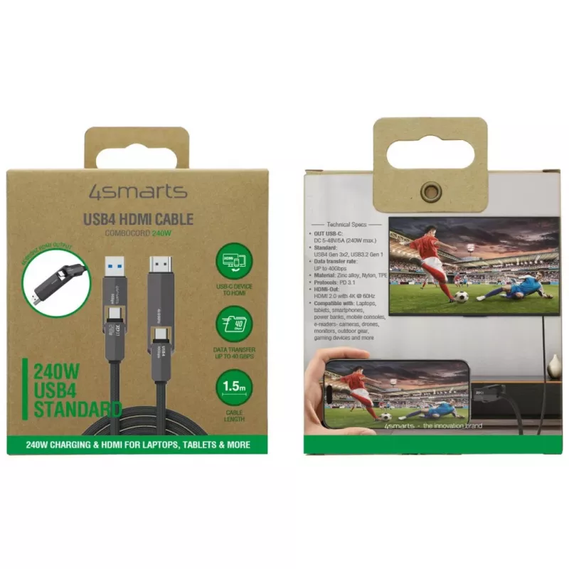 USB4 HDMI kabelis 4smarts ComboCord 240W 1,5 m – USB4 į HDMI, 240W galios tiekimas, 1,5 m ilgis