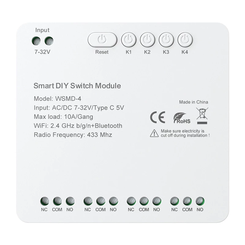 Išmaniojo jungiklio modulis Avatto DIY WSMD-4 32V — 4 kanalų 32V valdymo modulis „pasidaryk pats“ projektams