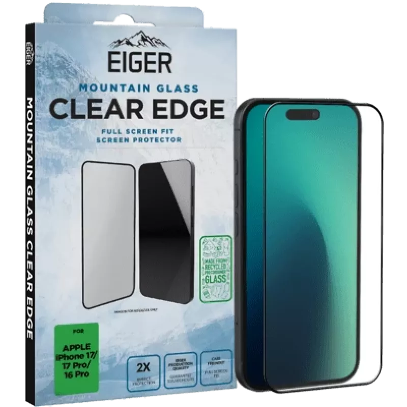 Stiklinis ekrano apsauginis stiklas Eiger SP Mountain Clear Edge, skirtas iPhone 17 / 17 Pro / 16 P