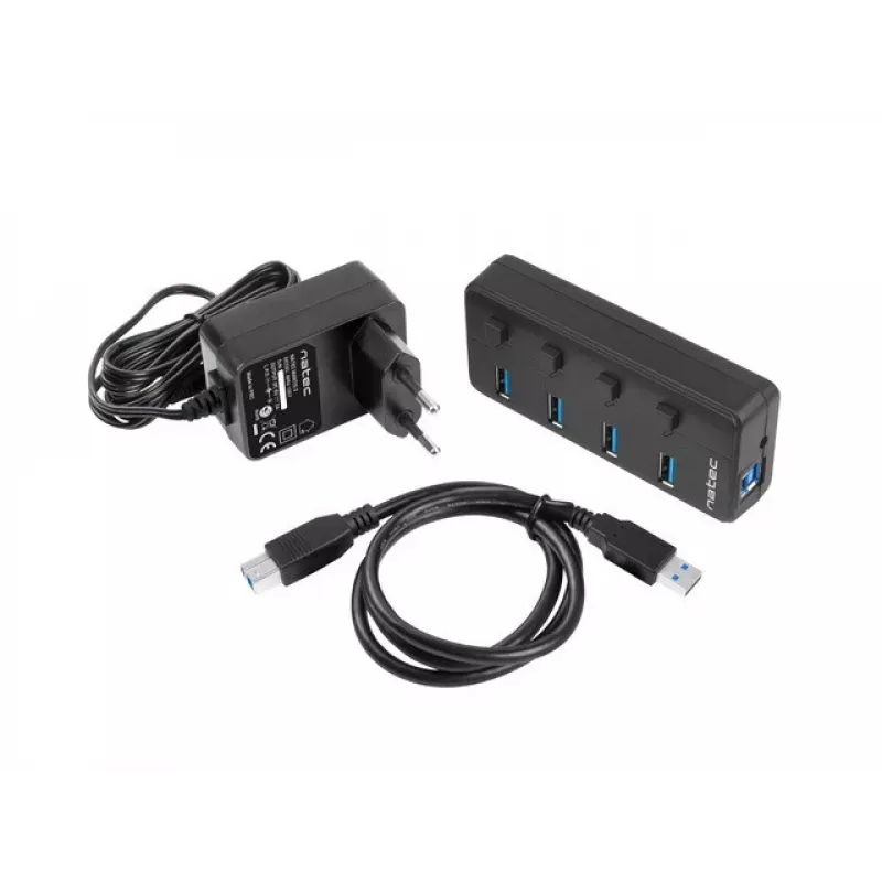 USB šakotuvas NATEC MANTIS USB 2.0 Type-B — 4x USB 3.2 Gen 1 Type-A prievadai, juodas, 0.8 m laidas, kintamosios srovės adapteris, maitinimo jungiklis